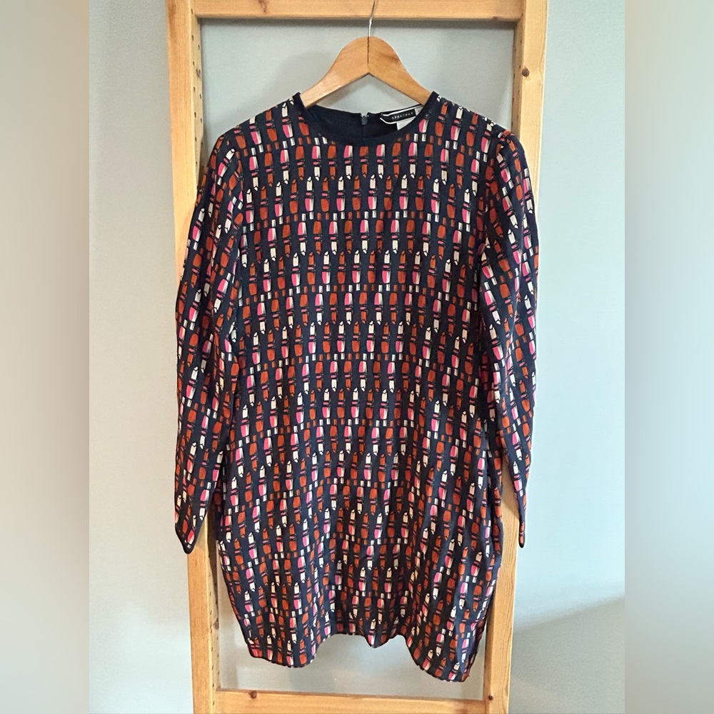 SPORTMAX CODE Lipstick Print Long Slv Mini Dress Silk Navy Pink Burnt Orange Sz2